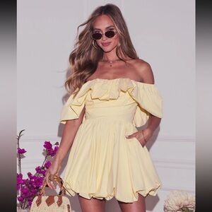 Vici Off-Shoulder Yellow Bubble Hem Dress